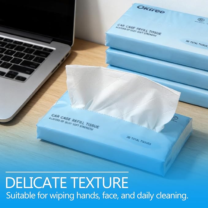 Car Tissues, 8 Packs x 30 Sheets (240 Total), 4-Ply Ultra Soft Facial Tissues, Compact Travel Size, Fits Cup Holder & Visor, Car, Home & Travel Use (1 Count (Pack of 8))