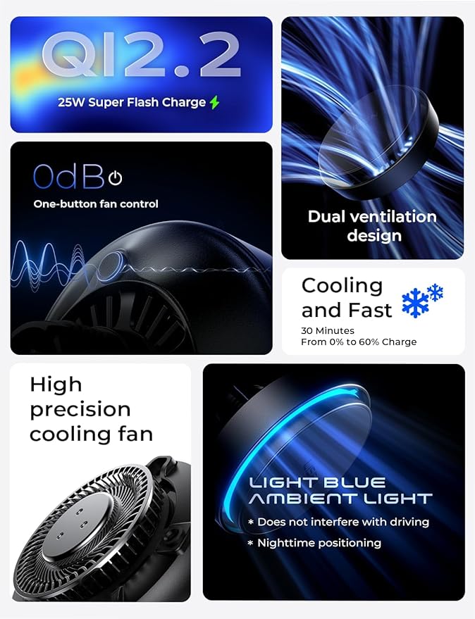 LISEN for Qi2.2 25W for MagSafe Car Mount Charger，[Smart Cooling Fan＆95W Fast Adapter] Magnetic Wireless Car Charger, Phone Holders for Your Car Accessories for iPhone 17 Pro Max Air 16 15 14 13 12 | [Smart Cooling Fan] Magsafe Car Mount Charger, [Qi2 ...