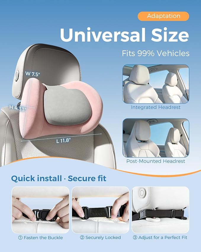 BABUR 100% Memory Foam Neck Pillow, Ergonomic Headrest for Car Seat | Driver Neck Pain Relief, Adjustable Buckle, Universal Car, Office Chair, Soft Breathable, Removable Cover, Machine Washable