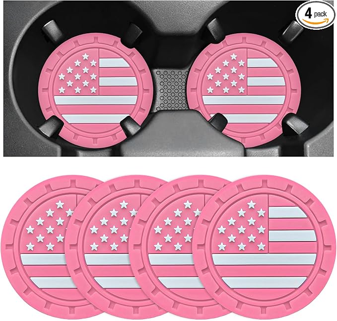 4 PCS Car Cup Holder Coasters, 2.75 Inch Universal Non-Slip American Flag Insert Coaster for Auto Cup Holders, Shockproof Car Drink Mat for Men Women, Vehicle Interior Decor (Pink)