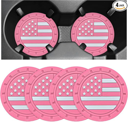 4 PCS Car Cup Holder Coasters, 2.75 Inch Universal Non-Slip American Flag Insert Coaster for Auto Cup Holders, Shockproof Car Drink Mat for Men Women, Vehicle Interior Decor (Pink)
