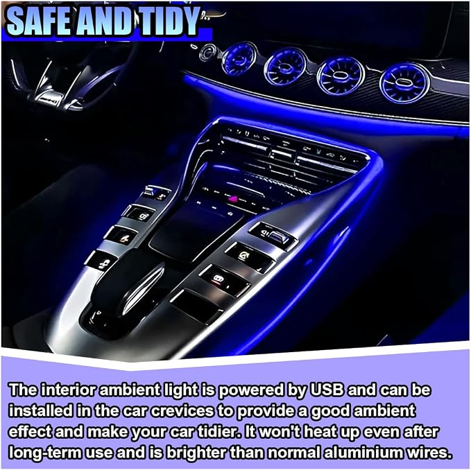 ZIMISI EL Wire Car Interior LED Strip Lights, Neon Light Strip (Blue) | 5V 16FT Car Ambient Lighting Decorations with Sewing Edge, USB Electroluminescent Car Interior Lights with Fuse Protection