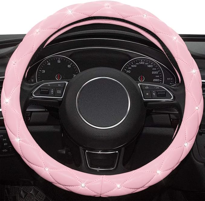 Pink Steering Wheel Cover, Diamond Leather Bling Steering Wheel Cover, Anti-Slip Steering Wheel Protector with Crystal Rhinestones for Women and Girl Fit 14.5-15 inch