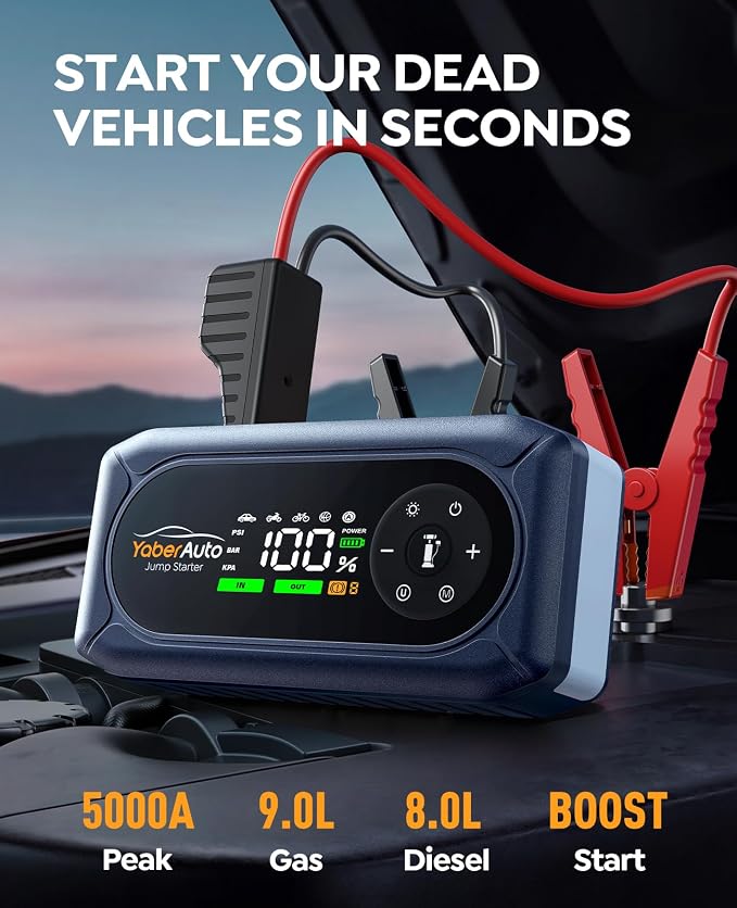 YaberAuto 5000A Car Battery Jump Starter with Air Compressor & Gloves, Car Jumper Starter Portable with 150PSI Tire Inflator, 12V Jump Box (9L Gas/8L Diesel) Jumper Cables, 18W Fast Charge 800LM Light