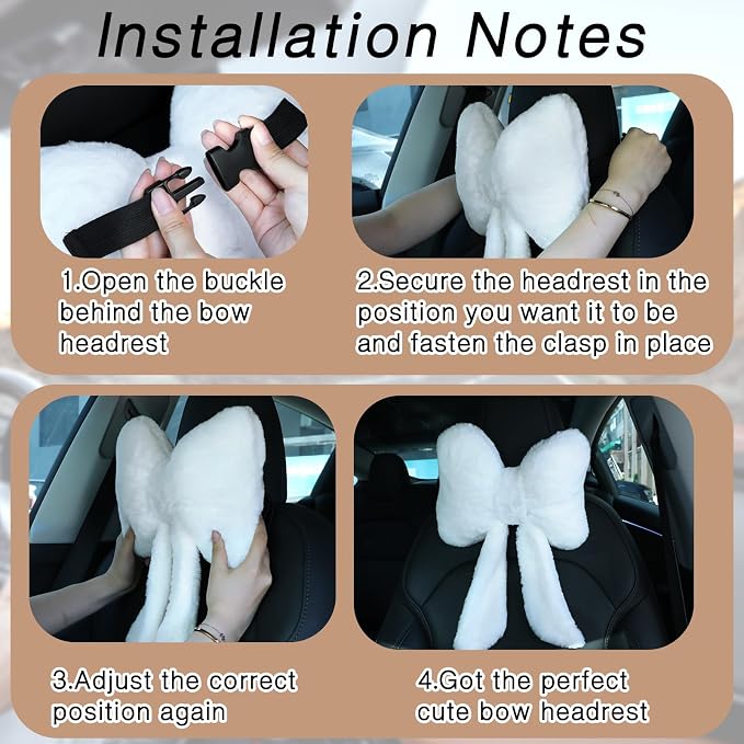 Macarrie 2 Pcs White Car Neck Pillow Plush Butterfly Bow Car Headrest Pillow Comfortable Seat Neck Support Cute Head Rest Accessories for Driving Travel Driver Chair Girl Interior Decor(Solid)
