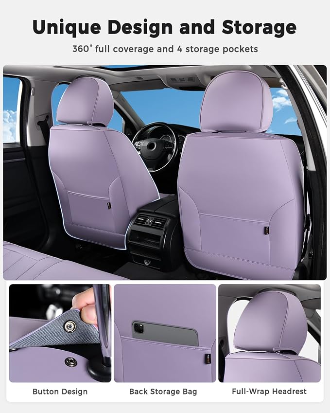 Huidasource Seat Covers Full Set, Universal Fit for Cars SUV Trucks, Purple | Full Coverage Leather Car Seat Cover, Airbag, Cupholder Compatible, Seat Function Retain, Velcro Adjustable