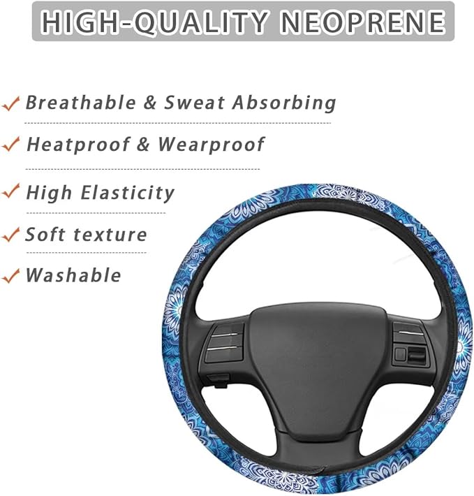 AFPANQZ Elastic Steering Wheel Cover Non-Slip Protection for Women Men | Comfort Anti-slip Safety Stretch-on 14-15 inch, Blue Boho Flower Easy Fix Machine Washable Steering Wheel Protection