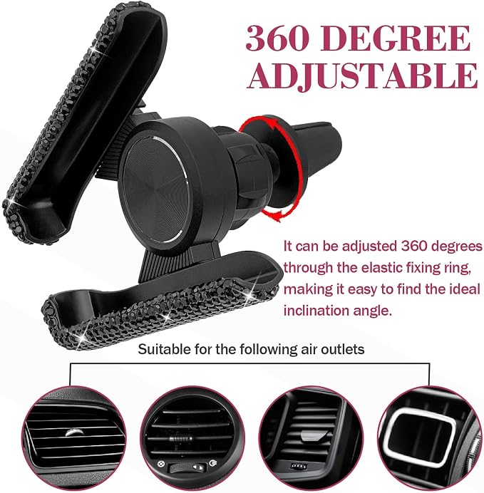 Bling Rhinestone Car Phone Holder, Mini Universal 360° Adjustable Auto Mount For Dash & Air Vent, Crystal Car Accessories For Women & Girls (Black)