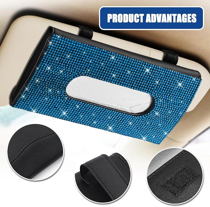 Bling Car Sun Visor Tissue Box Holder, Visor Accessories, Rhinestone PU Leather Crystal Sparkling Napkin Holder, Auto Sun Visor Paper Towel Cover Case Accessories for Most Cars (Blue)