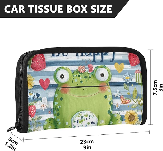 Happy Blue Striped Frog Floral Strawberry Car Tissue Holder Durable Napkin Holder Hanging Tissue Holders Case Car Tissues Bag for Sun Visor Seat Back Universal Auto