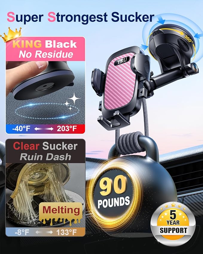 YRU True Military-Grade [360° Rotation Suction] 2026 Ultimate Car Phone Holder Mount【90+LBS Safest Strongest & Patent Certs】 Dash Windshield for iPhone 17 16 Pro Max Speakerphones, Pale Pink
