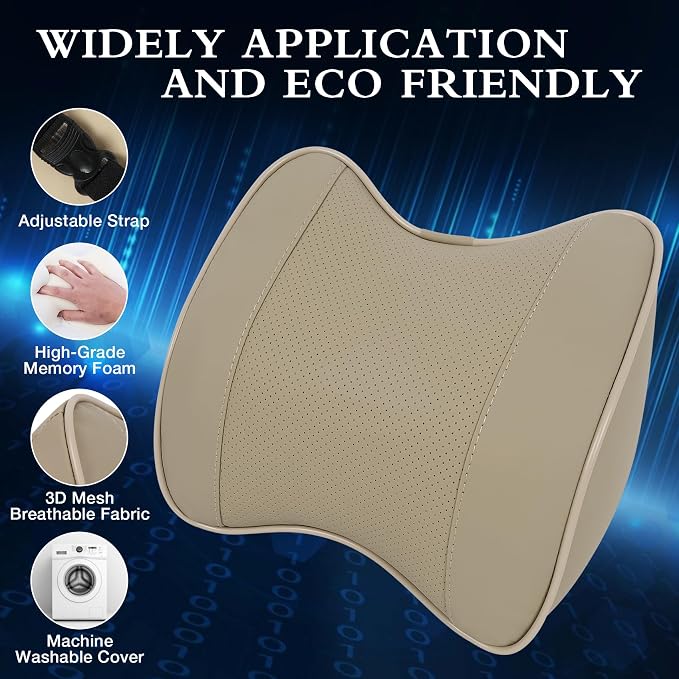 2 Pack Car Neck Pillow, Softness Leather Car Headrest Pillow, 100% Memory Foam and Breathable Removable Cover, Neck Support Head Pillow for Ergonomic Design (Beige)