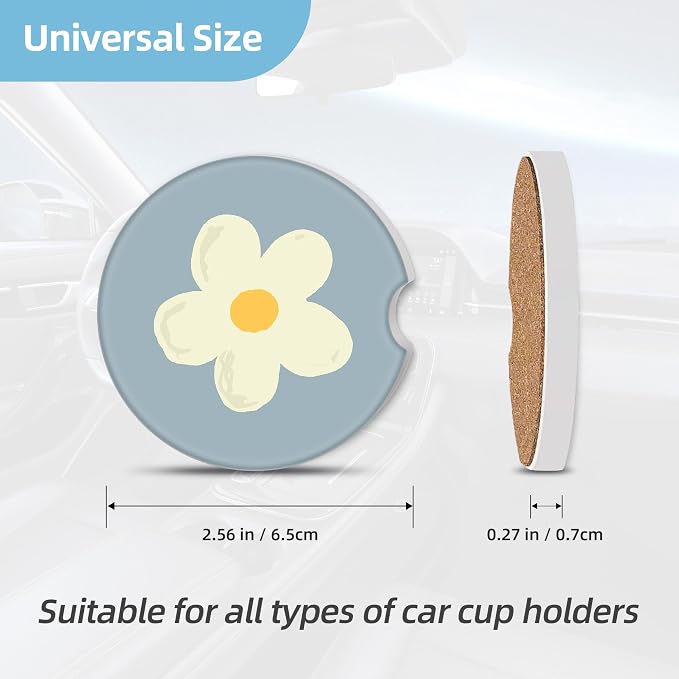 2 Pack Car Coasters for Cup Holders, 2.56" Universal Absorbent Ceramic Stone Car Cup Holder Coasters with Non-Slip Cork Base, Car Interior Accessories for Women Men(Blue White Flower)