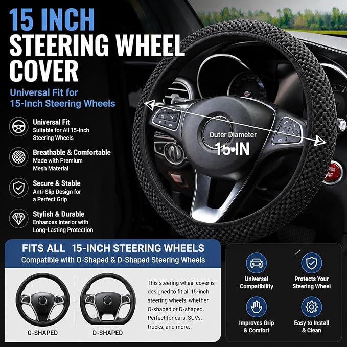 Mesh Ice Silk Cooling Car Steering Wheel Cover for Men Women,Summer Universal Breathable Stretch Anti-Slip Wheel Cover 14.5-15" for Cars, Trucks, Pickups, SUVs (Black)