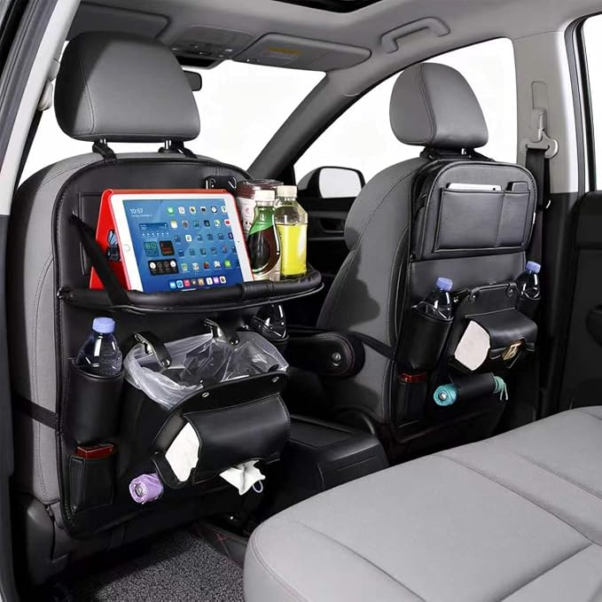 Backseat Car Organizer with Tray, 1 Pack Leather Seat Storage, Black | Foldable Tray Table,Trash Can Pocket,Kick Mat Protector,Easy-Clean Leather