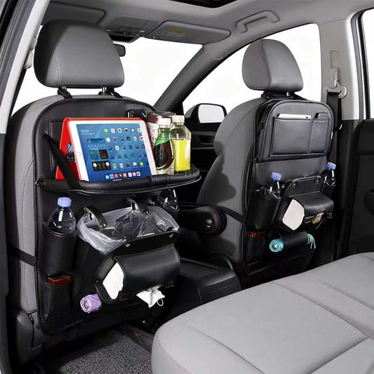Backseat Car Organizer with Tray, 1 Pack Leather Seat Storage, Black | Foldable Tray Table,Trash Can Pocket,Kick Mat Protector,Easy-Clean Leather