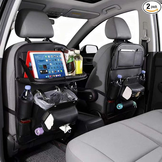Backseat Car Organizer with Tray, 2 Pack Leather Seat Storage, Black | Foldable Tray Table,Tablet Holder,Trash Can Pocket,Kick Mat Protector,Easy-Clean Leather,2 Pack for Front Seats
