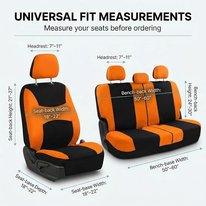 FH Group Universal Car Seat Covers Full Set for SUV Truck Sedan Vans | Waterproof All-Purpose Cloth Seat Cover Set Airbag Compatible Washable Split Bench Protector Interior Upgrade - Orange