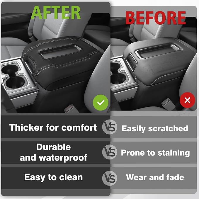 Muslogy Center Console Armrest Cover Fit for Chevy Silverado & GMC Sierra 1500 2500 3500 2014-2018, Tahoe/Yukon/Suburban 2015-2020, Comfort Armrest Pad Console Lid Cushion Regular Thick (Bucket Seat)