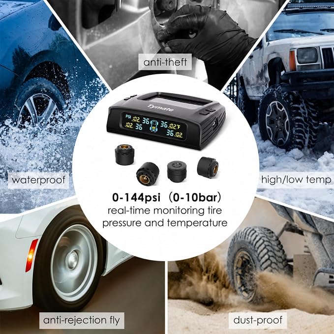 Tymate TM2 RV Tire Pressure Monitoring System, Tire Pressure Monitor with Solar Charge, TPMS with 4 Sensors(Max. 10) & 6 Alarm Modes, Color LCD Display, 0-144PSI for RV/Trailer/Truck/SUV/Fifth Wheel