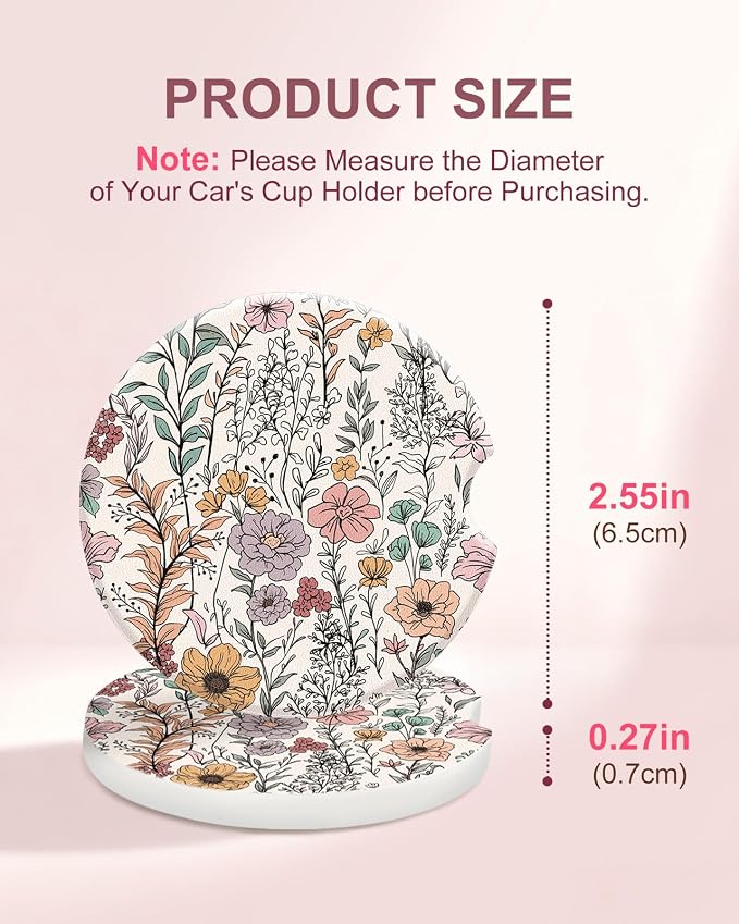 Swooflia Floral Absorbent Ceramic Car Coasters Set of 2, Cute Botanical Wildflower Cup Holder Coasters for Car, Pink Purple Floral Car Accessories for Women, Unique Gifts for Mom, Friends, Coworkers