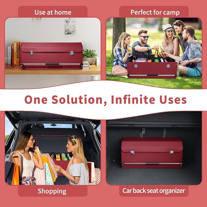 Trunk Organizer for Car with Lid Leather Trunk Organizer Car Organizer | SUV Trunk Organizer with Push-pull Handle Car Trunk Storage Organizer for Minivan, Truck, Sedan (Claret, 27.17x11.42x12.2in)