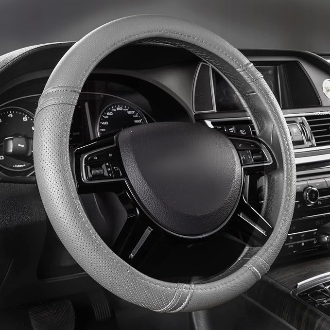 Car Pass Classical Leather Automotive Universal Steering Wheel Covers,Universal Fit for Suvs,Trucks,Sedans,Cars,Vans,14.5-15inch Anti-Slip Safety Comfortable Desgin(Gray)