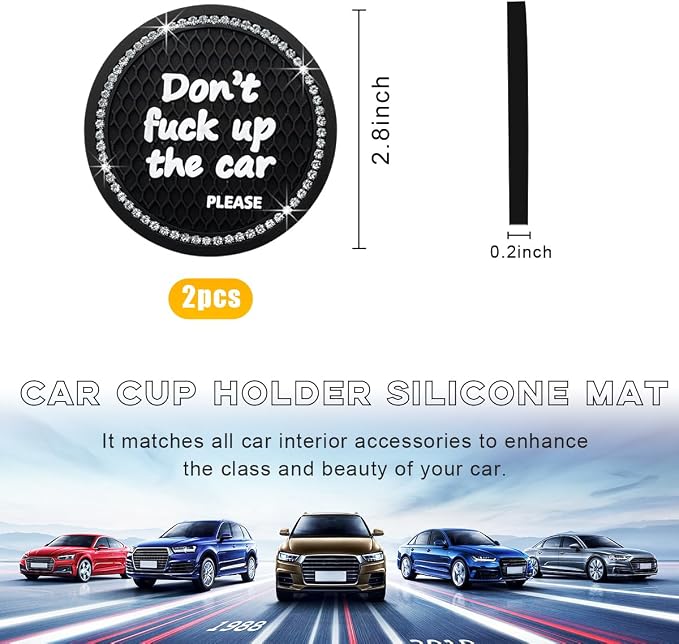 Ohleats Bling Car Cup Coaster, 2.75 Inch Non-Slip Don't Fuck Up My Car Please Cup Holder Insert Coaster, Crystal Rhinestone Auto Drink Cup Mat, Universal Car Accessories (Black-4PCS)