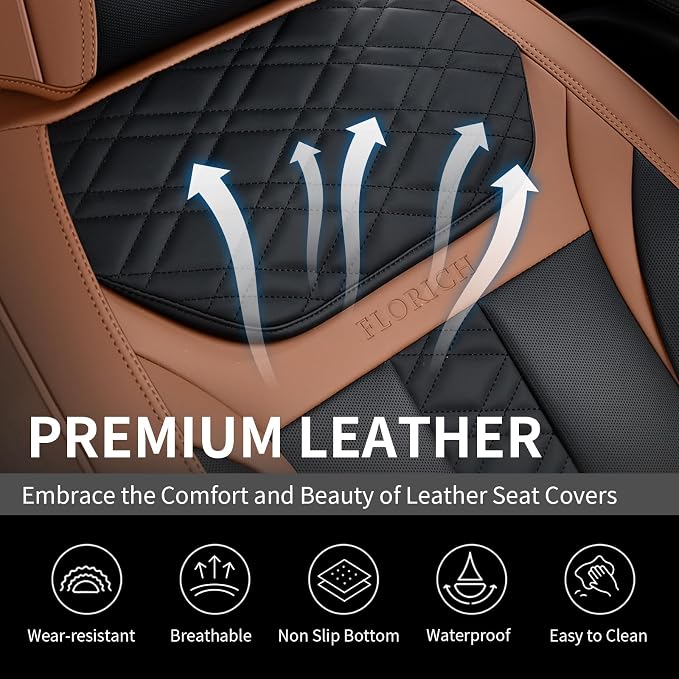 FLORICH Seat Covers, Atomutive Car Seat Covers Full Sets, Waterproof Seat Cover for Cars, Luxury Leather Universal Seat Cover Accessories Fit for Most Cars SUV Truck Sedans(Brown)