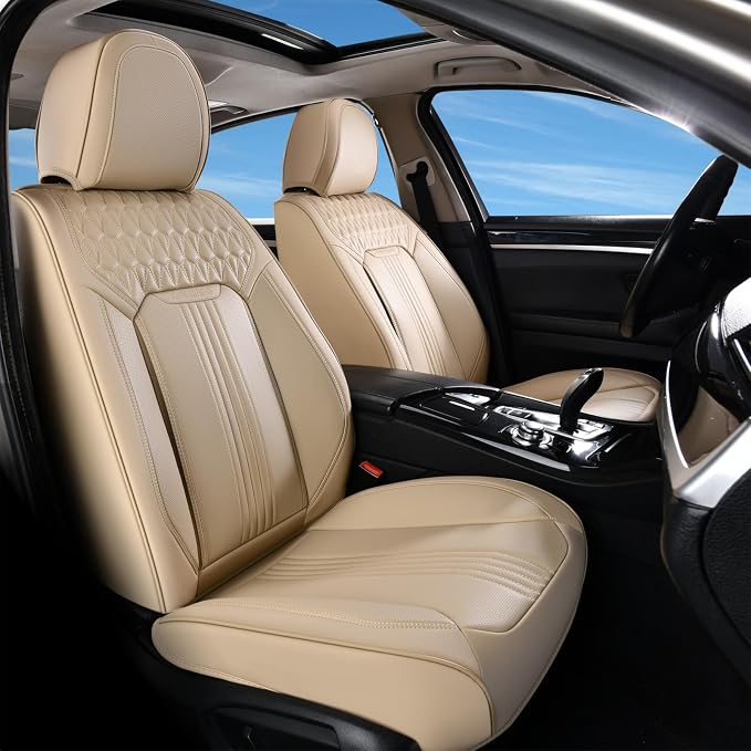 Coverado Front Seat Covers, Leather Car Seat Cover, Waterproof Car Seat Protector, Driver Seat Covers Car Seat Cushion Universal Fit for Most Cars, Beige