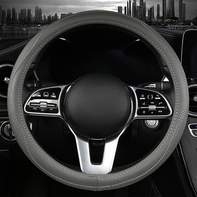 Genuine Leather Steering Wheel Cover, Real Cowhide for 14.5-15 Inch Steering Wheels, Universal Fit for Cars and Trucks (Gray)