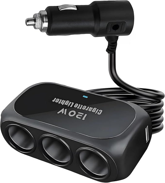 120W 3 Socket Car Cigarette Lighter Adapter,3 Socket Splitter with 2 USB Ports,12V/24V Universal Multi-Port Car Charger with 6-Layer Safety & LED Indicator for Dash Cam GPS Phone Truck SUV