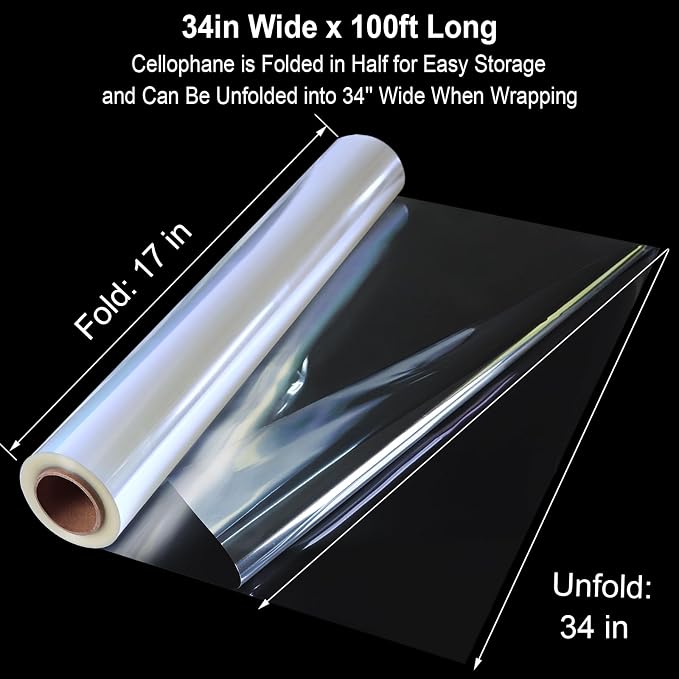 SYOGUA 100 ft Extra Wide Clear Cellophane Wrap Roll, 34" x 100', Thicker Transparent Paper for Gifts, Treats, Holidays, Christmas