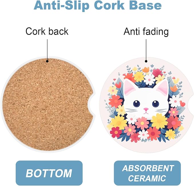 2 Pack Car Cup Holder Coasters, 2.63 inch Anti Slip Insert Absorbent Ceramic Coasters with Cork Base and Finger Notch, Cute Car Accessories Interior for Women