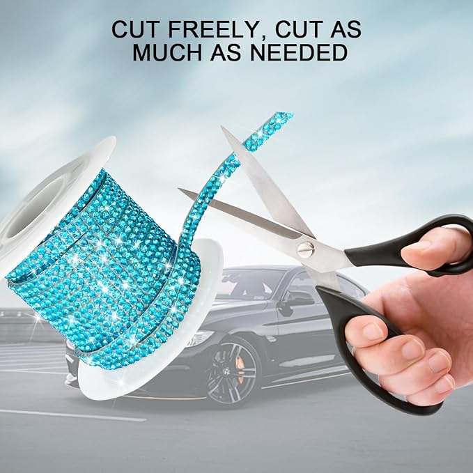 BELOMI Bling Car Trim Self Adhesive Strip, 16.4Ft Crystal Rhinestone Vehicle Dashboard Line Molding Stickers, Diamond Auto Interior Exterior Decor Accessories for Women Girls, Universal Fit（Lake Blue）