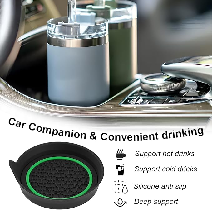 HZEL Car Cup Holder Coasters, 4PCS Non Slip Waterproof Vehicle Water Bottle Pads, Recessed Automotive Interior Drink Mat Decoration Accessories, Universal for SUV Sedan Truck (Green/Black)