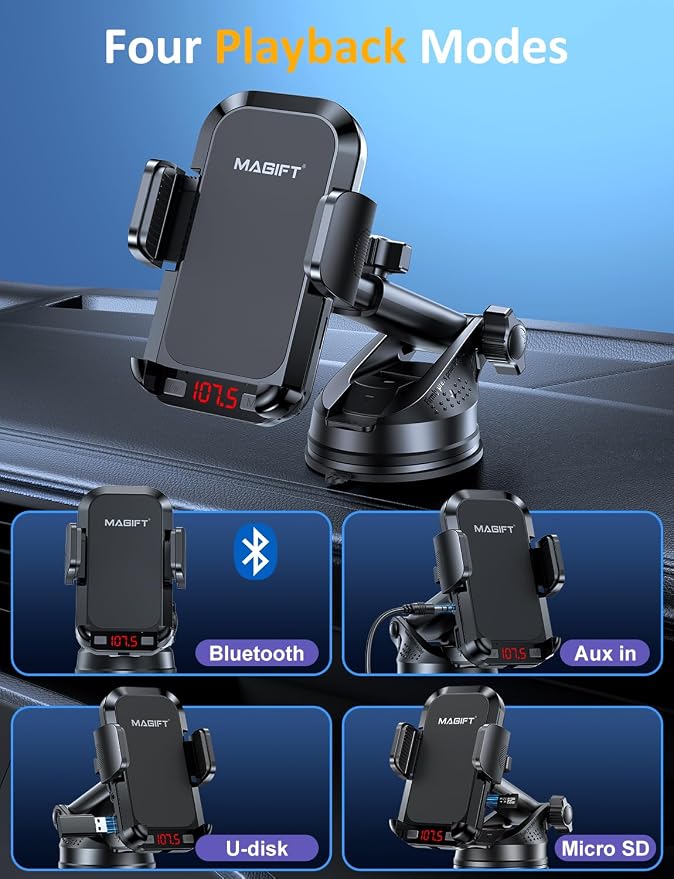 Bluetooth Car Adapter 3 in 1 FM Transmitter PD 48W Fast Charging | Bluetooth Transmitter with Phone Holder, Strong Microphone, HiFi Bass Sound, Hands-Free Call, Support USB/TF Drive
