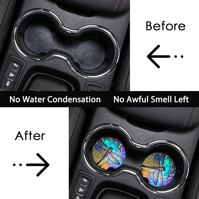 2 Pack Dragonfly Car Cup Holder Coasters Universal Neoprene Coasters | 2.75" Universal Size Anti Slip Rubber Mat, Auto Cup Holder Decor Accessories for SUV Truck, Dragonfly Gifts for Women Mom