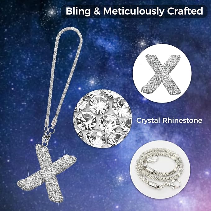 Bling Car Accessories for Women Letter Charm, Rear View Mirror Ornament Cute Hanging Crystal Pendant Girl Car Decorations, Lucky Diamond Rhinestone Girly Charm Interior (White X)