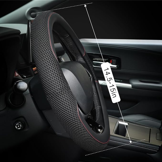 KAFEEK 15 Inch Steering Wheel Cover, Cooling Ice Silk，Premium Microfiber Leather Hybrid Design, Anti-Slip Rubber Inner, Breathable, Universal Fit for 14.5-15" Auto Steering Wheels, Black