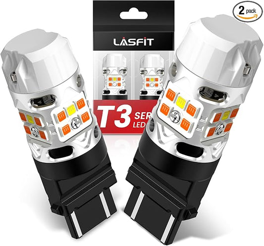 LASFIT 3157 Switchback LED Bulb, 3057 4157 White Amber T3 Series CANBUS Anti Hyper Flash Front Turn Signal DRL Parking Light New 500% Bright, Only for Standard Socket (Pack of 2)