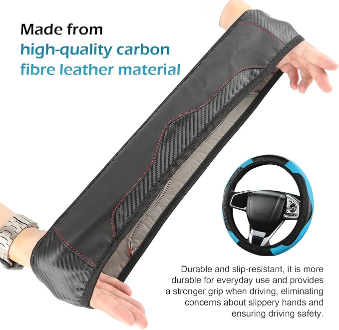 Leather Car Steering Wheel Cover,15 Inch Carbon Fiber PU Elastic Steering Wheel Protector, Anti-Slip Breathable Driving Wheels Covers, Universal Car Interior Accessories (Blue)