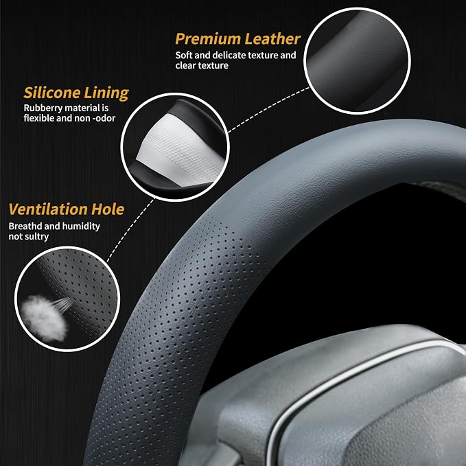Uxcer Nappa Leather Steering Wheel Cover, Universal 14.5–15 Inch Non-Slip Breathable Steering Wheel Cover for Cars, Black