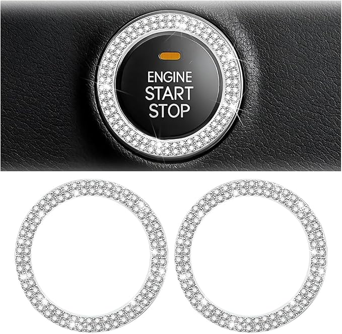 Bling Car Engine Start Ring Decals, 2PCS Sparkling Crystal Rhinestone Vehicle Push to Start Button Sticker, Diamond Auto Key Ignition Knob Decorative Ring, Universal for Vehicles (White)