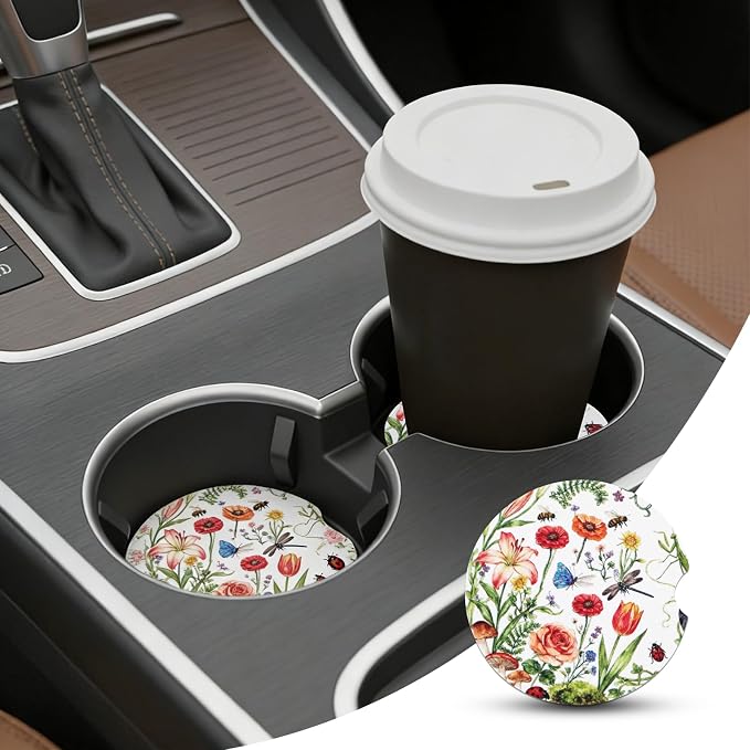 2 Pack Floral Car Coasters for Women Car Cup Holder Coasters, 2.63 Inch Anti Slip Ceramic Absorbent Coaster with Cork Base and Finger Notch, Cute Car Accessories Interior