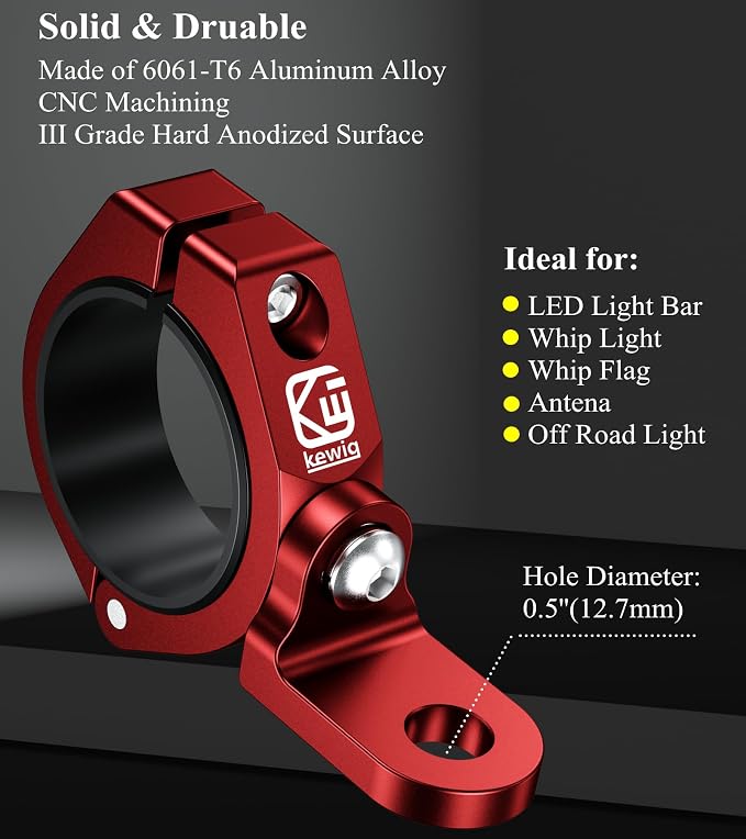 BRCOVAN 2PCS UTV Whip Light Mounts, LED Light Bar Mounting Bracket, Red | Solid Aluminum Alloy Materials, 360° Adjustable Off-Road Whip Flag Mount Fit 1.5''/1.65'' /1.75''/1.85''/2'' Roll Cage Bars