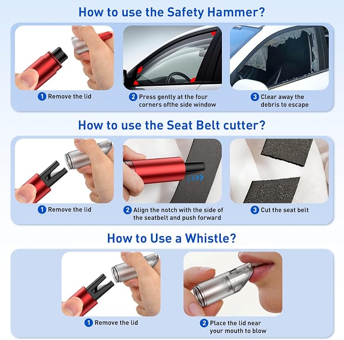 3 in 1 Car Safety Hammer Seatbelt Cutter and Survival Whistle, Safe Transparent Lid Window Breaker Seatbelt Cutter Underwater, 3-Pack Emergency Keychains car Window Breaker Tool,Glass Breaker for Cars
