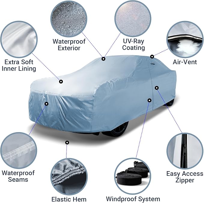 iCarCover 18-Layer Car Cover Waterproof All Weather, Premium Quality Car Covers for Automobiles, UV Protection, El Camino, Monte Carlo, Thunderbird, Cutlass, Roadrunner, Size C18 (See Size Chart)