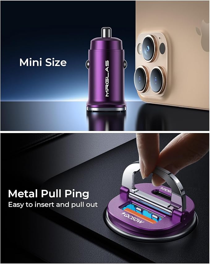 MRGLAS【Upgraded】 125W USB C Car Charger Super Fast Charging for iPhone 17 | [PD65W & QC60W][All Metal] Cigarette Lighter Car Charger,Dual Port for iPhone 16 15 Pro iPad Samsung S25/S24 MacBook-Purple