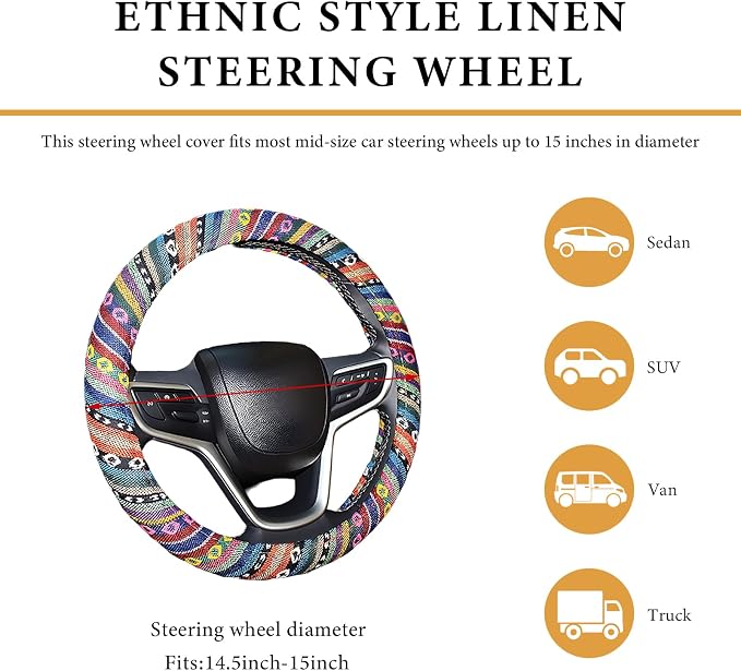 Boho Steering Wheel Cover, 15 Inch Coarse Flax Cloth Ethnic Style Anti-Slip Car Wheel Wrap, Universal Breathable Bohemian Steering Wheel Protector for Cars Vans Trucks (A)